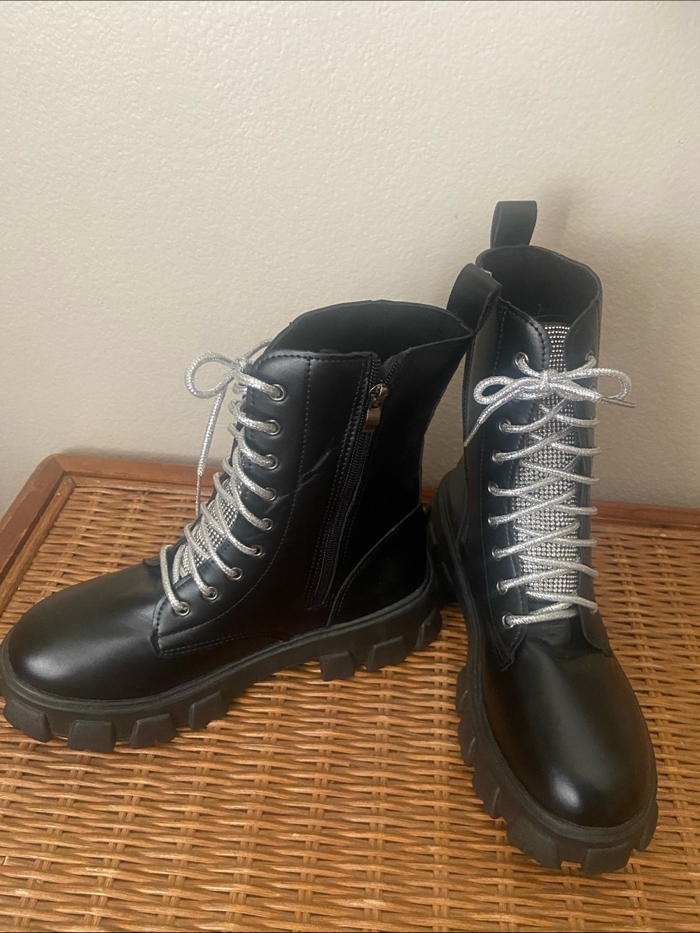 Chunky Black Combat Boots with Silver Accents